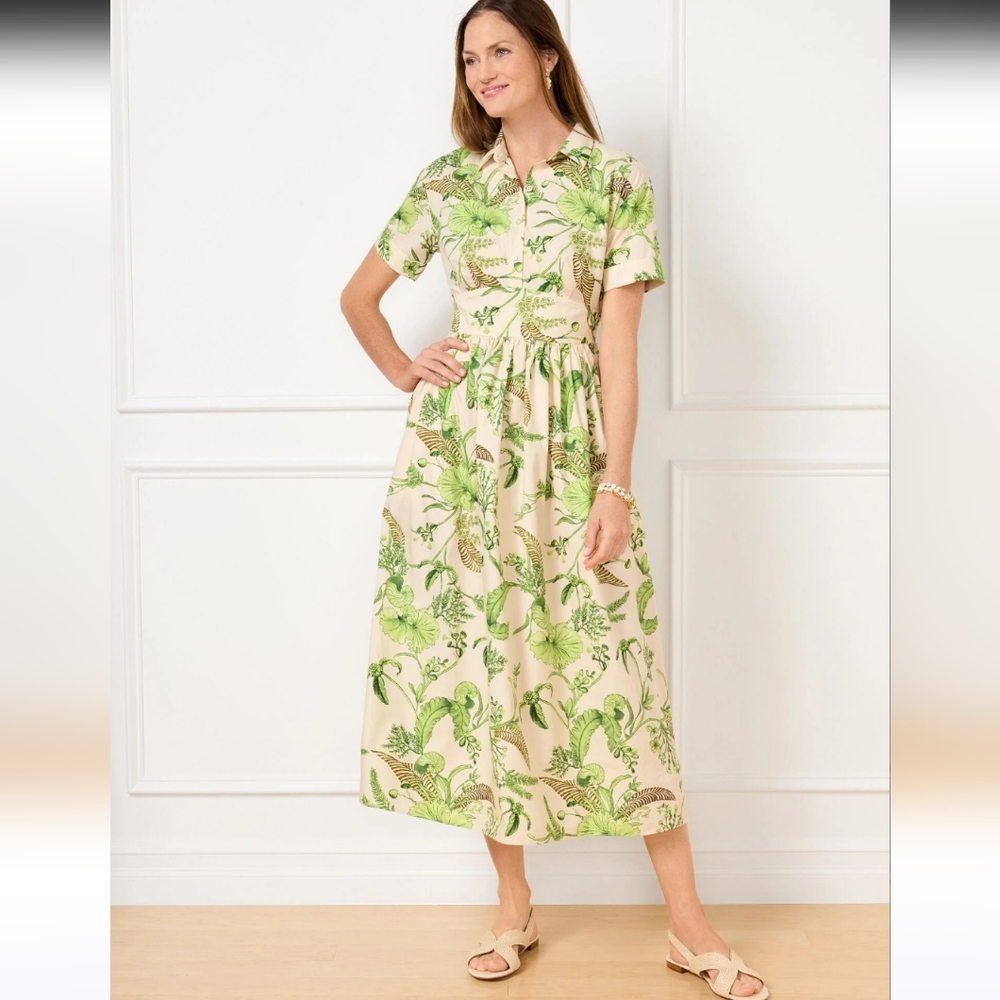 Talbots White Midi Dress with Green and Brown Leaf Print - Picture 2 of 8